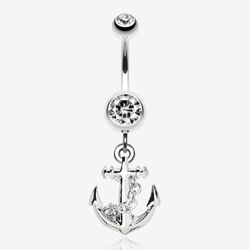 Classic Anchor Dangle Belly Ring-Clear Gem
